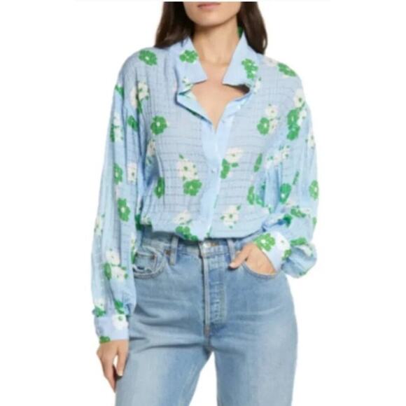 Smythe Tops - SMYTHE Sheer Button Down Floral Feminine Blouse Oversized Size S